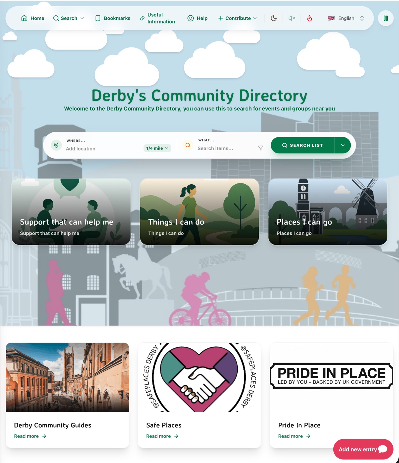 The Derby's Community Directory home page: a search bar for where and what, and three sections titled Support that can help me, Things I can do and Places I can go