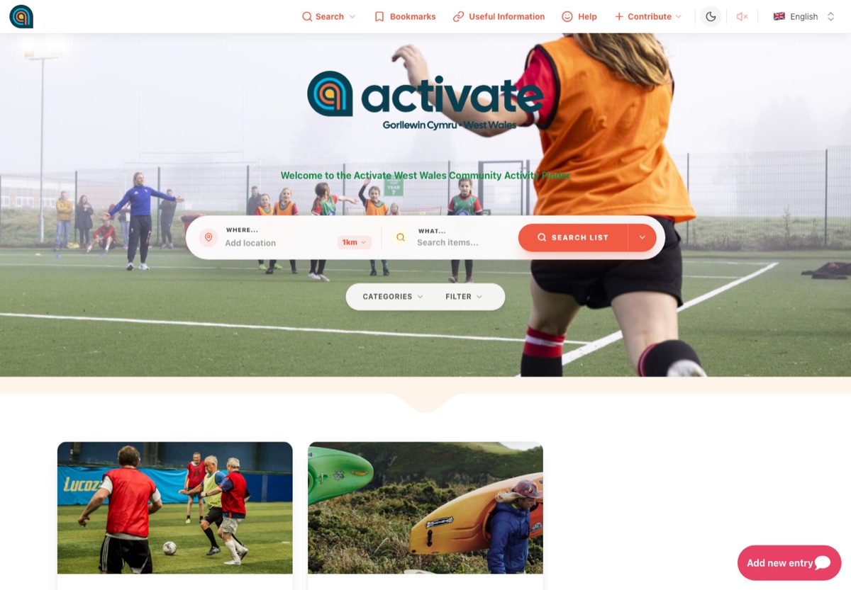 Screenshot of the West Wales Sports Partnership Locaria portal